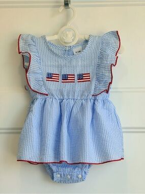 Baby Girls Blue Seersucker Flag Appliqué Dress